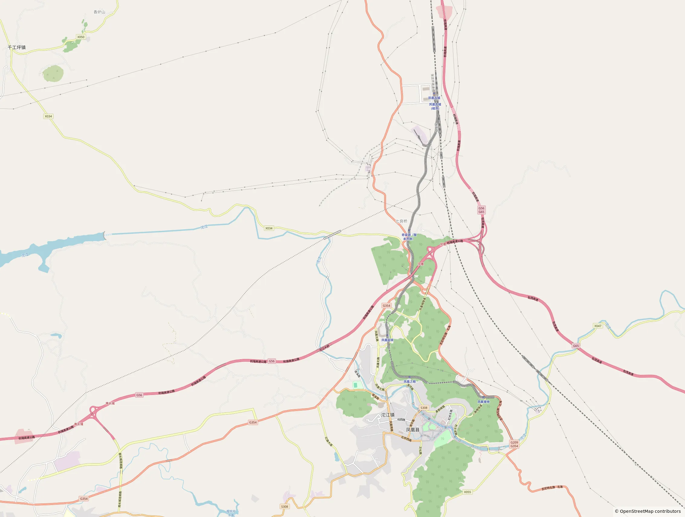 Zhangjiajie to Fenghuang 2026: Trains, Old-Town Transfers and Luggage OpenStreetMap geographic view showing Fenghuang Gucheng railway station north of town and the existing maglev corridor