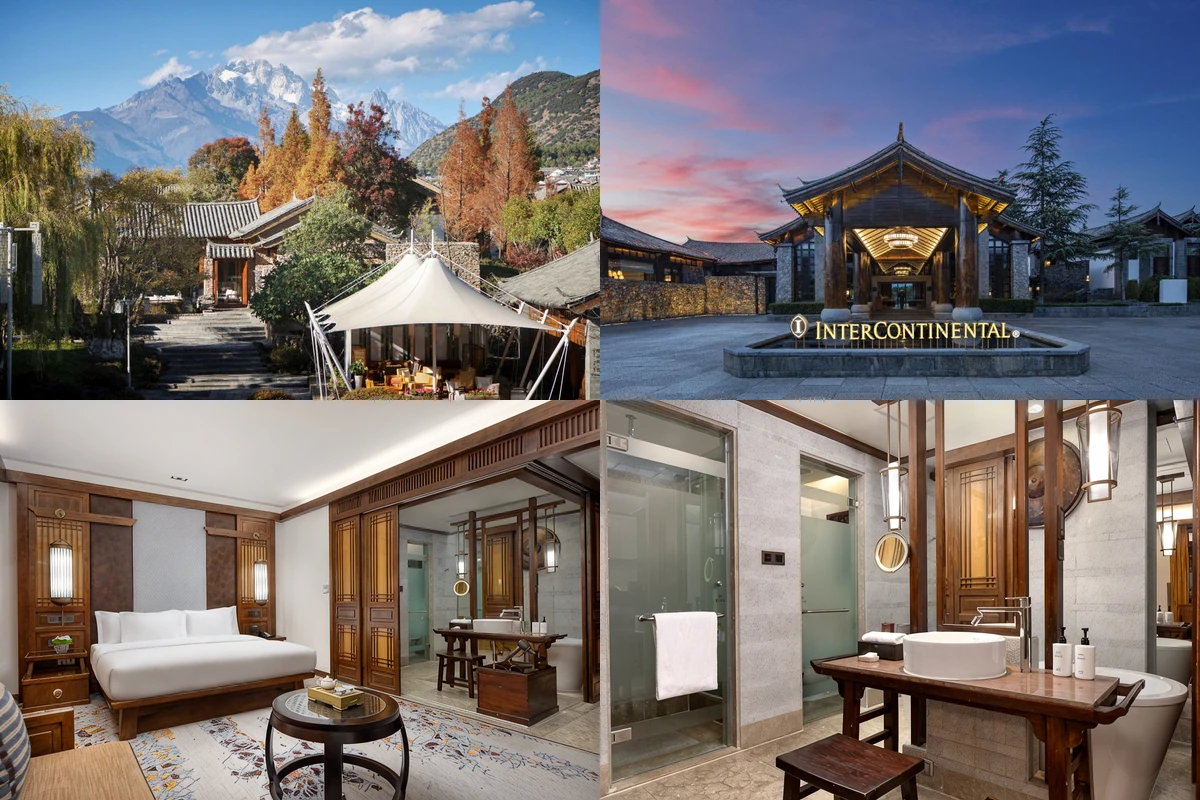 InterContinental Hotels LIJIANG ANCIENT TOWN RESORT by IHG four-photo collage: grounds with a mountain backdrop; hotel entrance; Deluxe King room; Deluxe King bathroom