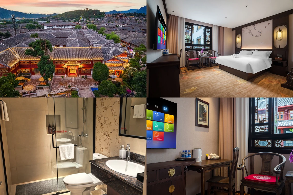 Lijiang Palace Hotel four-photo collage: hotel courtyard aerial view; Naxi Garden View Queen; Naxi Garden View Queen bathroom; Naxi Garden View Queen seating area